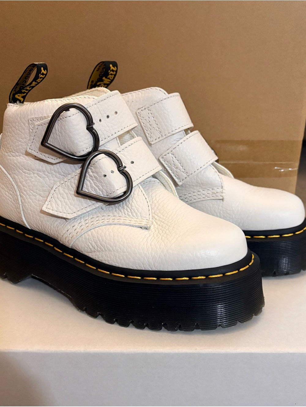 Dr. Martens White Leather Heart-Buckle Platform Boots